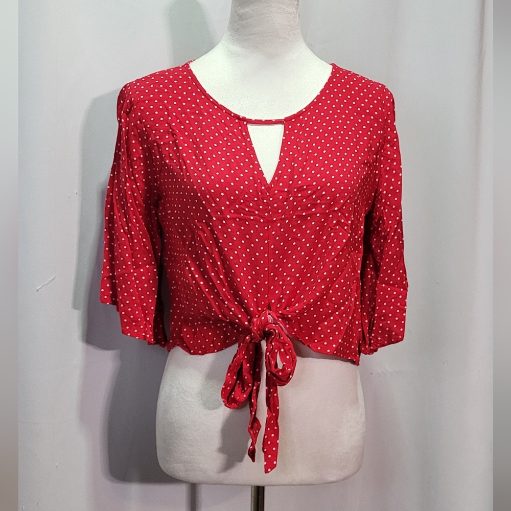 Mossimo Supply Co. Women's Red Polka Dot Tie-Front Peasant Blouse Size Small 🐈 - Picture 2 of 8